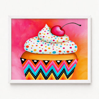 Póster Pintura de Cupcake Rosa y Naranja Femenina