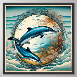 Póster Pintura de delfines con armonía azul del círculo d