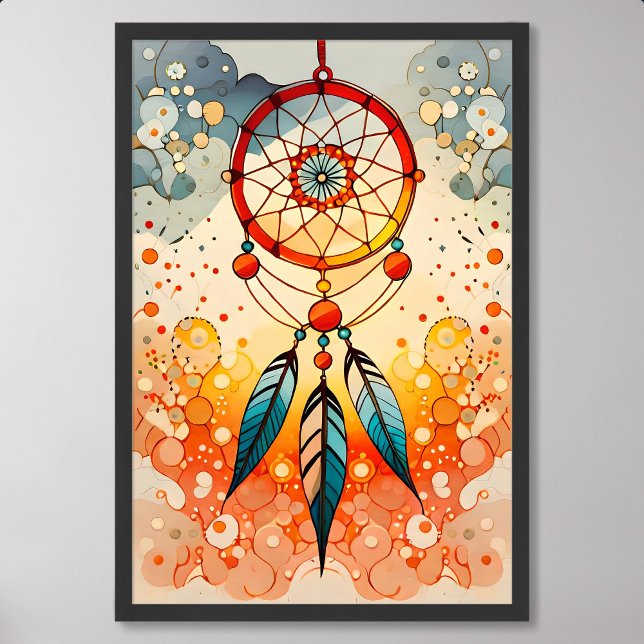 Póster pintura de ensueño adornado con plumas azules (dreamcatcher painting decorated blue feather beads)