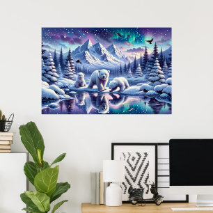 Póster Pintura de escena nevada de familia de osos polare