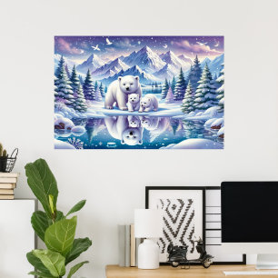 Póster Pintura de Escena Nevada de Familia de Osos Polare
