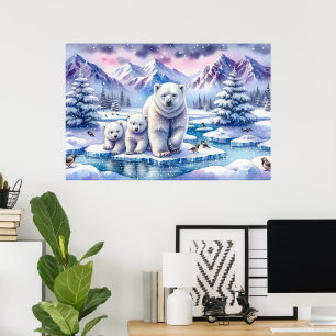 Póster Pintura de escena nevada de familia de osos polare