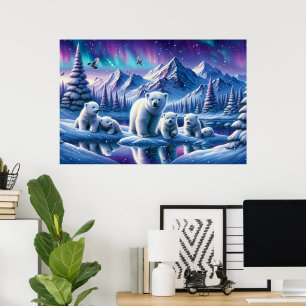 Póster Pintura de escena nevada de familia de osos polare