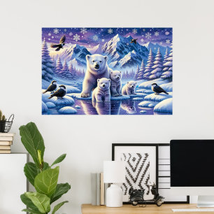 Póster Pintura de escena nevada de la familia del oso pol
