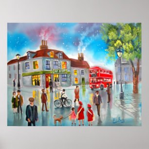 Póster Pintura de escena roja de la calle del autobús del