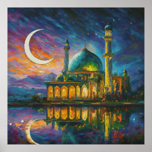 Póster Pintura de estrellas de media luna de la mezquita 