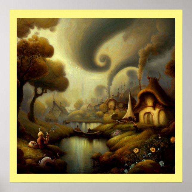 Póster Pintura de fantasía 5 - Paisaje de aldea (Frente)