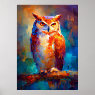Póster Pintura de fauna y flora de búho impresionista col