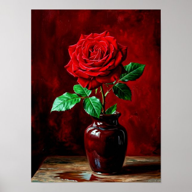 Póster Pintura de Flor de Rosa Roja  (Frente)