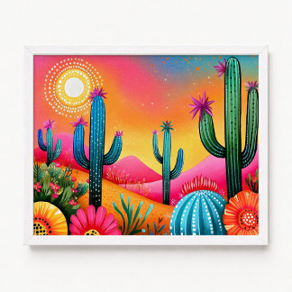 Póster Pintura de flores de cactus saguaro rosa naranja