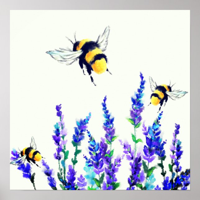 Póster Pintura de flores de primavera y abejas (Frente)