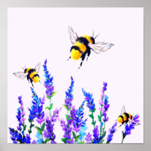 Póster Pintura de flores de primavera y Poster de abejas