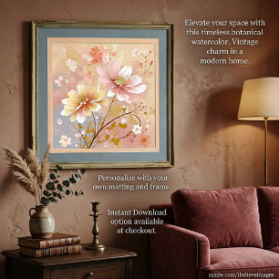 Póster Pintura de flores rosadas y amarillas bonitas