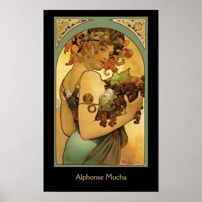 Póster Pintura de fruta de Alphonse Mucha sobre negro (Frente)