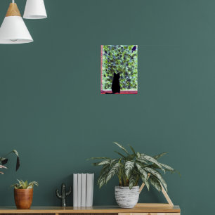 Póster Pintura de gatito lindo Gatos negros mirando pájar