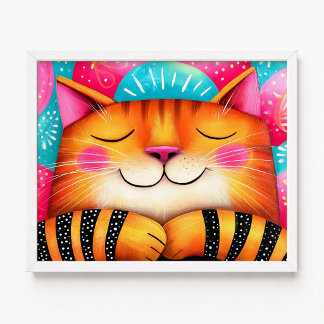 Póster Pintura de gato atigrado dormido rosa y naranja