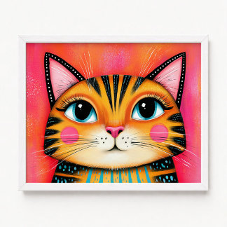 Póster Pintura de gato atigrado femenino rosa y naranja