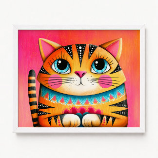 Póster Pintura de gato atigrado rosa y naranja de ojos az