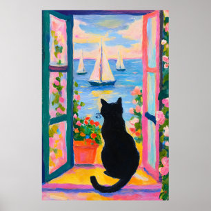 Póster Pintura de gato costero colorido en ventana con ve