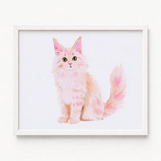 Póster Pintura de gato Maine Coon rosa pastel