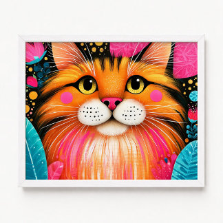Póster Pintura de gato Maine Coon rosa y naranja Cute Pee