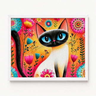 Póster Pintura de gato siamés de flores rosadas y naranja