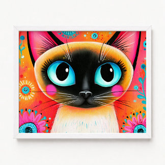 Póster Pintura de gato siamés rosa y naranja de cerca