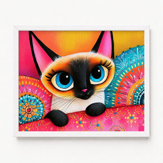 Póster Pintura de gato siamés rosa y naranja linda mirada