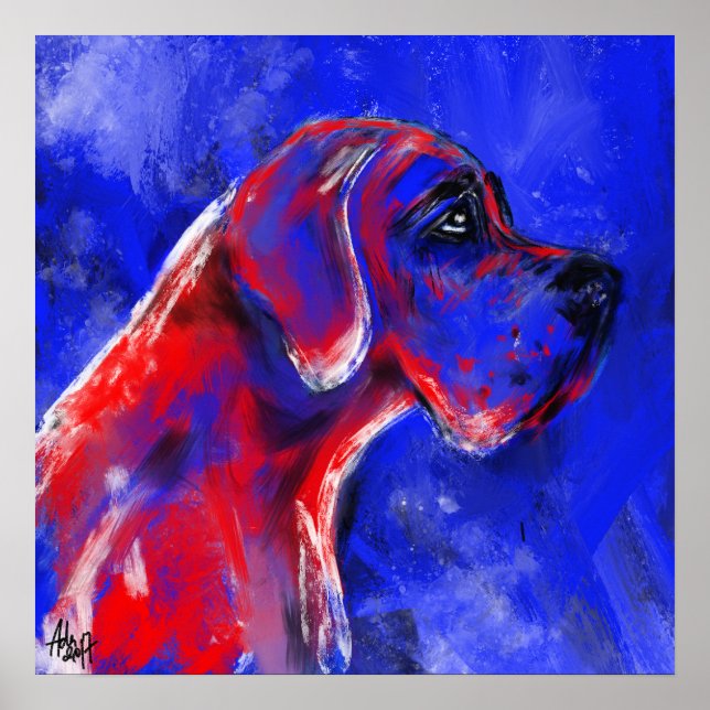 Póster Pintura de Gran Danés rojo azul (Frente)