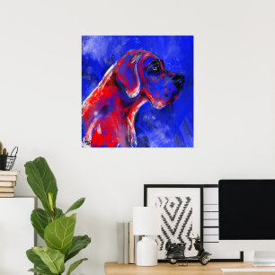 Póster Pintura de Gran Danés rojo azul