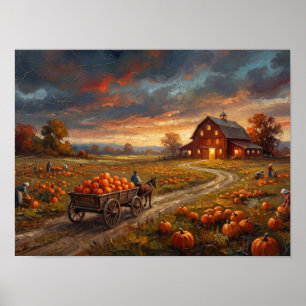 Póster Pintura de granja de cosecha de calabaza de otoño