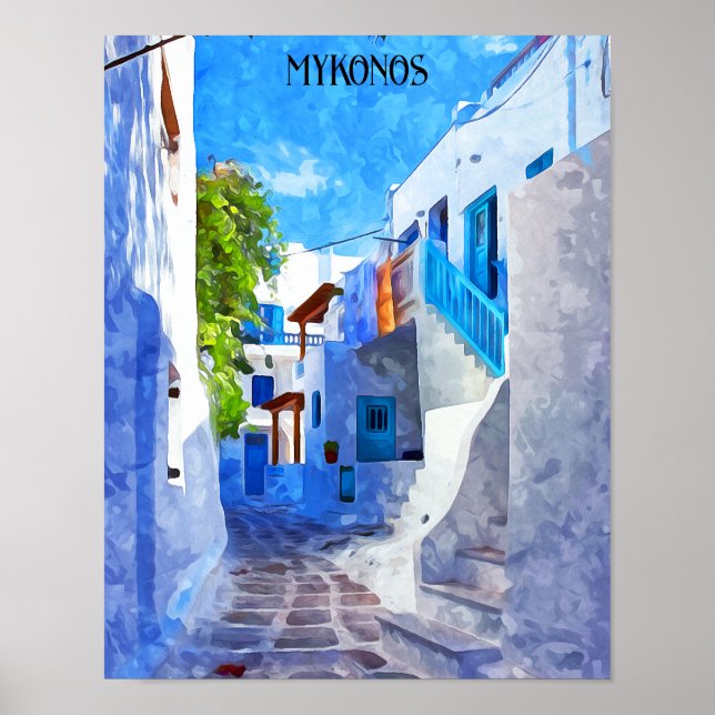 Póster Pintura de Grecia de Mykonos blancos y azules (Frente)