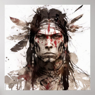 Póster Pintura de guerrero de retrato indio nativo americ