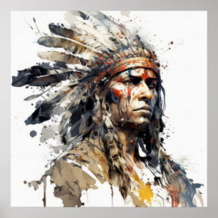 Póster Pintura de guerrero de retrato indio nativo americ