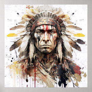 Póster Pintura de guerrero de retrato indio nativo americ