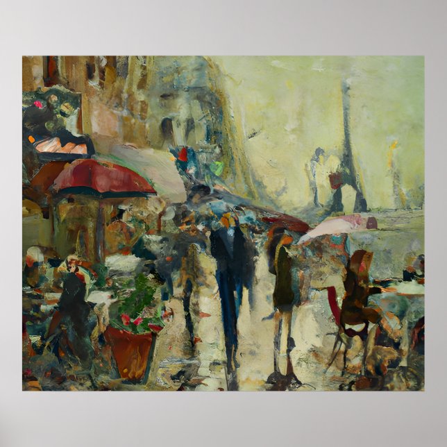 Póster Pintura de la calle Paris Heavy Rain Café de los a (Frente)