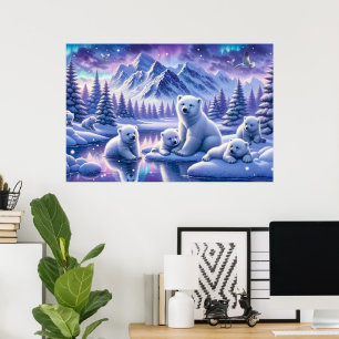Póster Pintura de la escena nevada de la familia de osos 