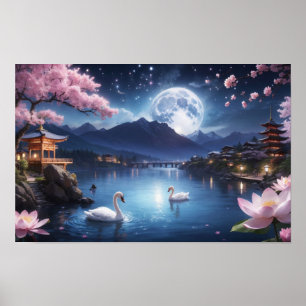 Póster Pintura de la maravillosa noche de invierno Sakura