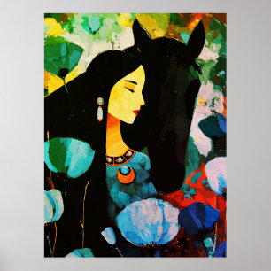 Póster Pintura de la Mujer y el Caballo Turquesa