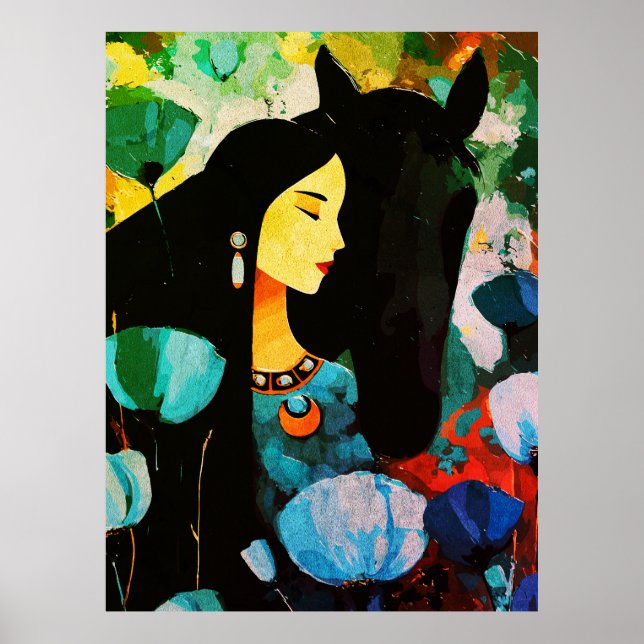 Póster Pintura de la Mujer y el Caballo Turquesa (Frente)