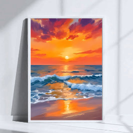 Póster Pintura de la playa del océano en la puesta de sol