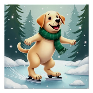 Póster Pintura de Labrador Retriever patinando en Navidad