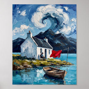 Póster Pintura de lago alpino y ola de nubes con impasto