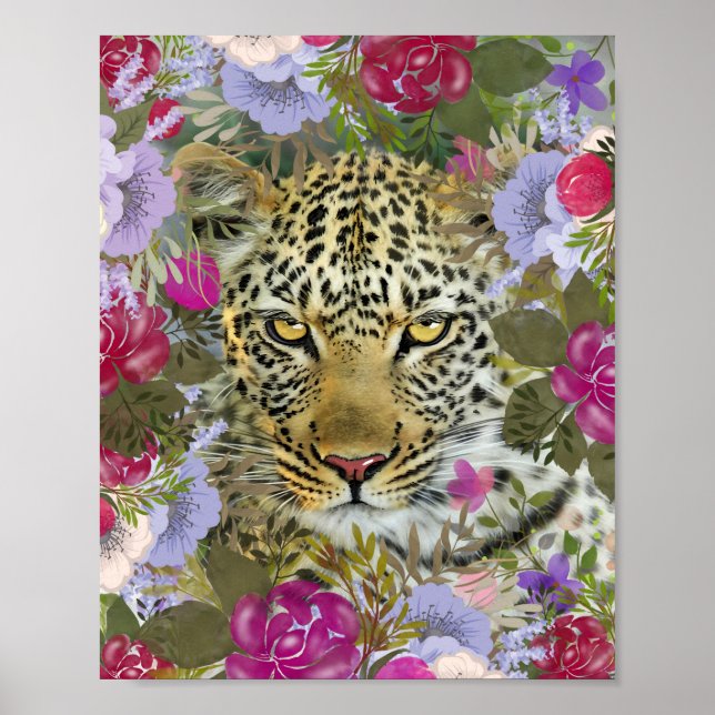 Póster Pintura de leopardo de la selva floral (Frente)