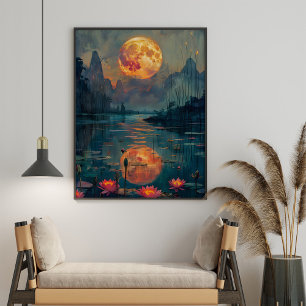 Póster Pintura de Luna Llena y Lago con Flores de Loto