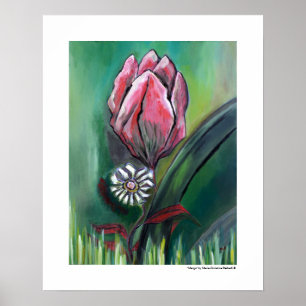 Póster Pintura de margarita blanca con flor de tulipán ro