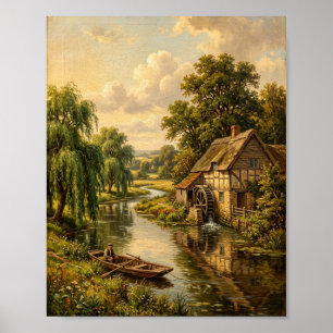 Póster Pintura de Molino de Agua con Techo de Paja Inglés