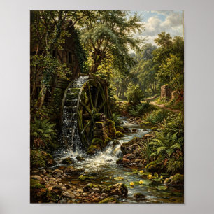 Póster Pintura de Molino de Agua con Techo de Paja Inglés