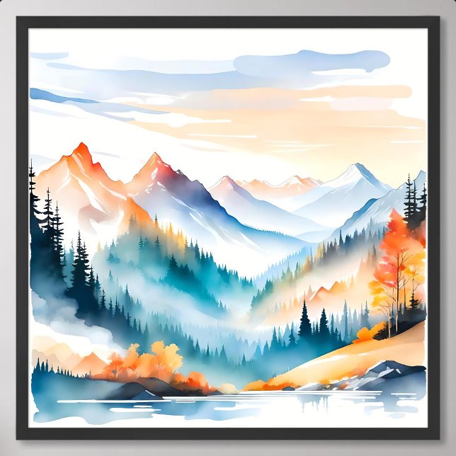 Póster Pintura de montaña en la naturaleza de la mañana s (Mountain Painting in Misty Morning Embrace Nature)