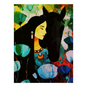 Póster Pintura de Mujer y Caballo Turquesa